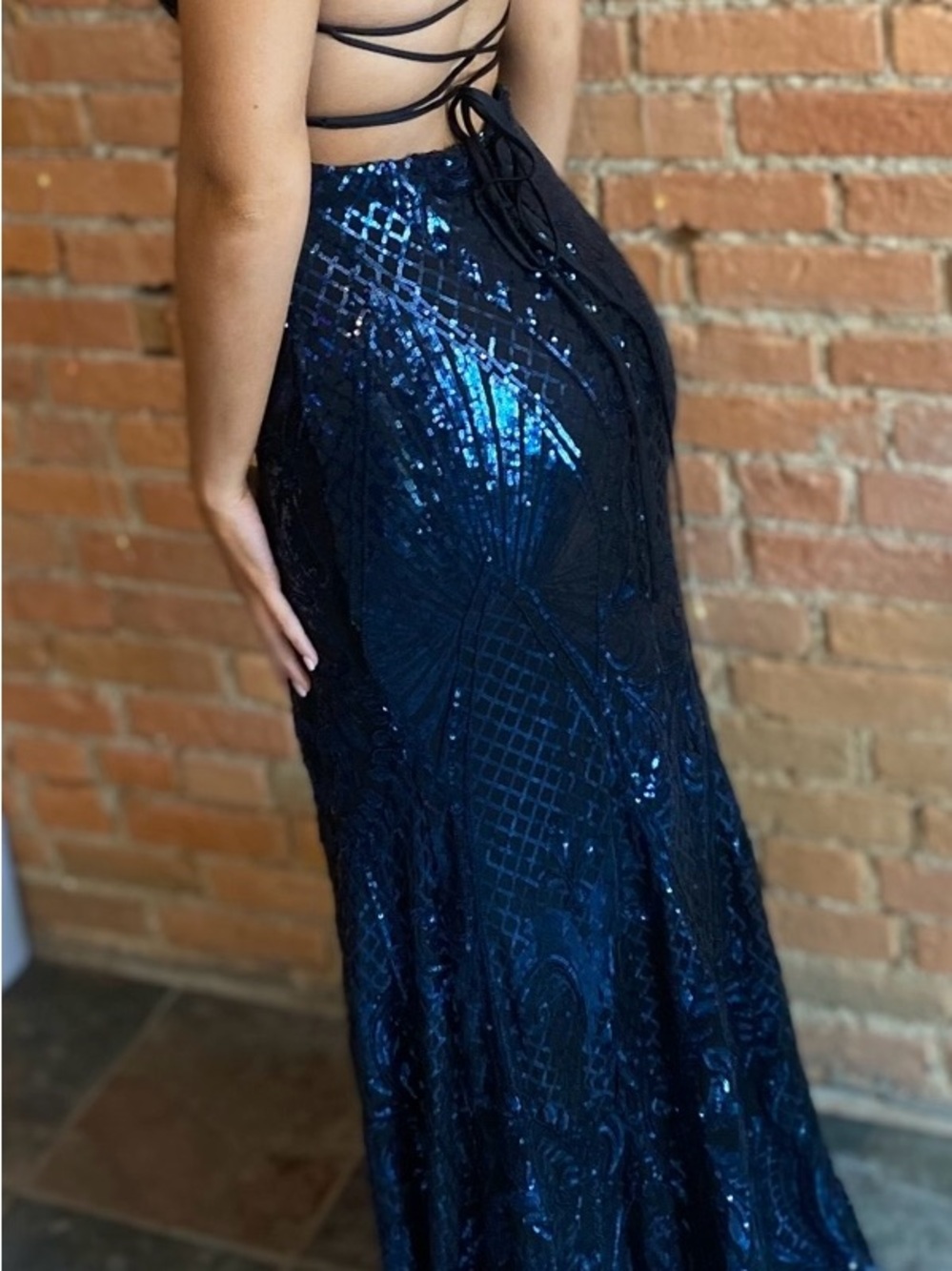 Navy Sequin Spaghetti-Strap Evening Gown - Picture 2 of 11